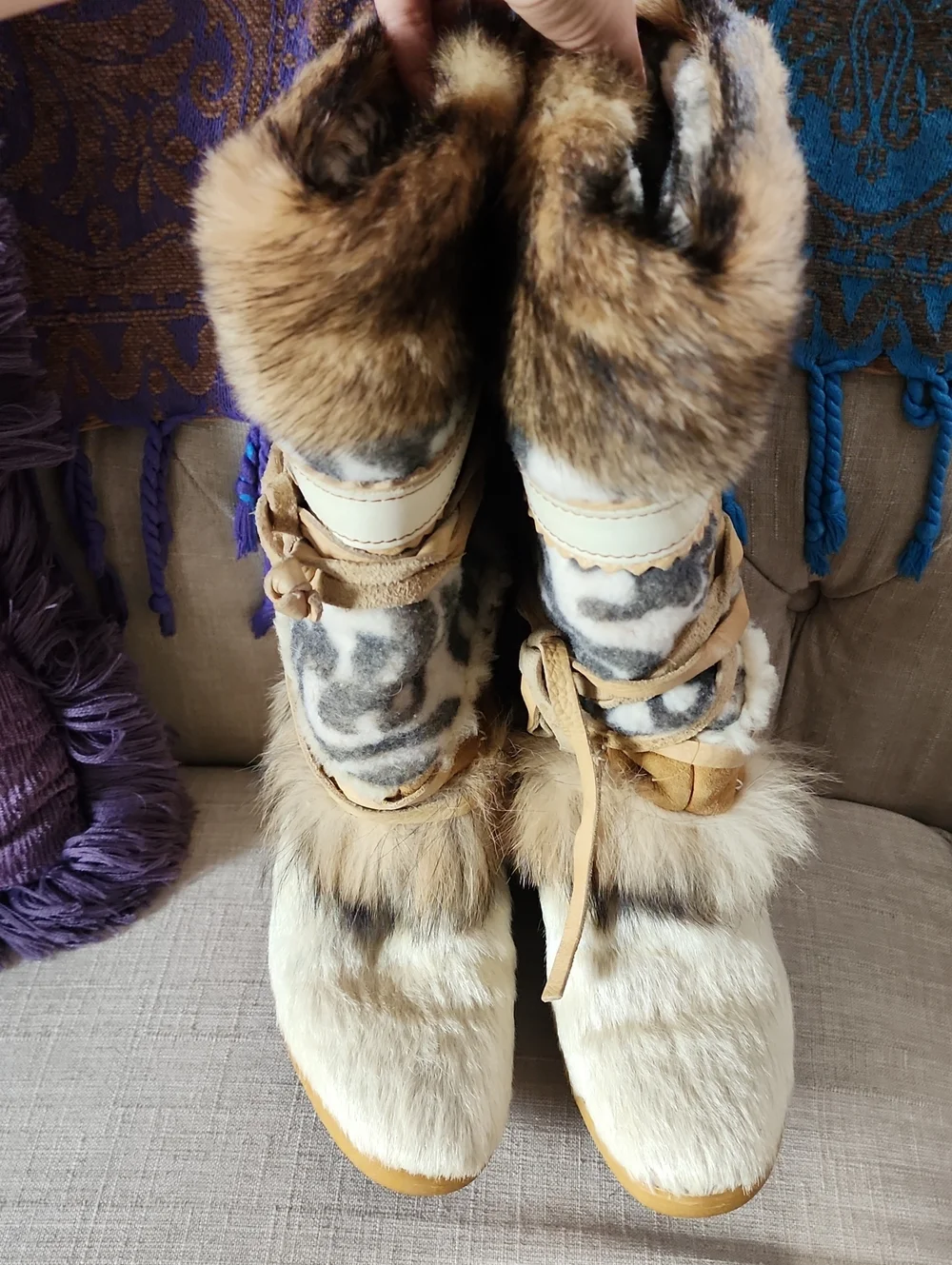 Tecnica Tan and Cream 80’s Ski Fur Winter Boots with Patterned Shaft size 38.